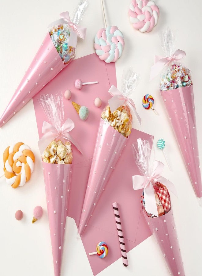 Yexiya 156 Pcs Pink Bow Cone Cellophane Bag Set DIY Sweet Cones Shaped Treat Bags Pink Card Paper, Bow and Pearl Patches for Party Favors Sweet Snack Popcorn Packing Gift - Image 2